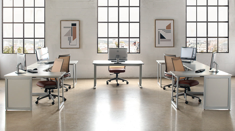 Grey Curved Office Desks Right Hand