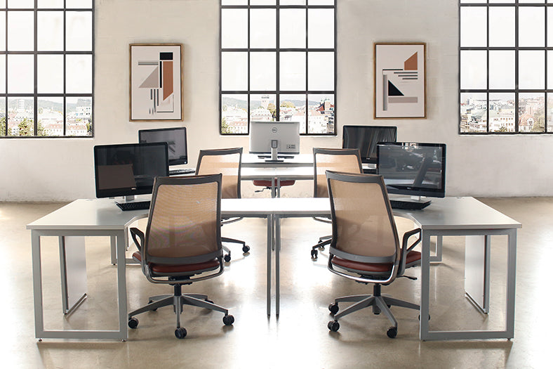 Grey Curved Office Desks Left Hand
