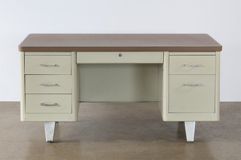 Beige Metal Desk With Two File Cabinets