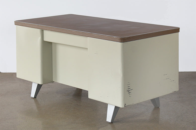 Beige Metal Desk With Two File Cabinets