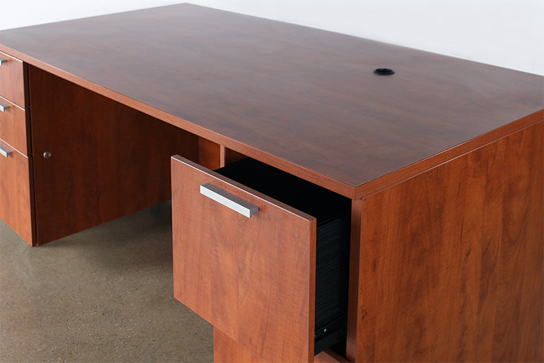 Golden Cherry Desk With Two File Cabinets