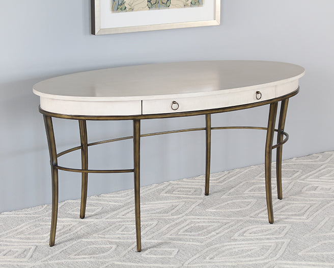 Oval Parchment Finish Writing Desk With Brass Base