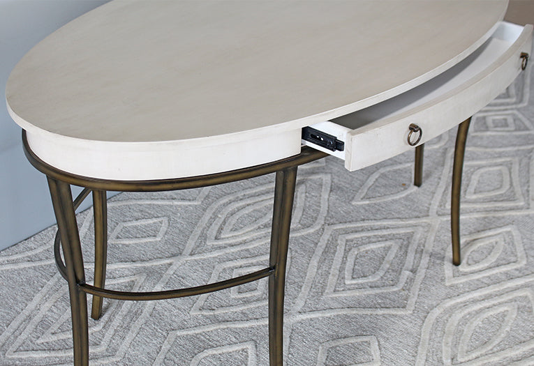 Oval Parchment Finish Writing Desk With Brass Base