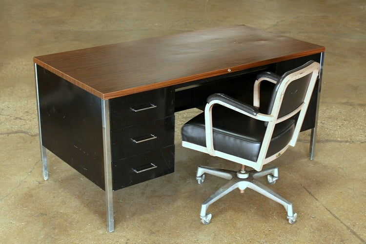 Black Metal Desk With Woodgrain Metal Top
