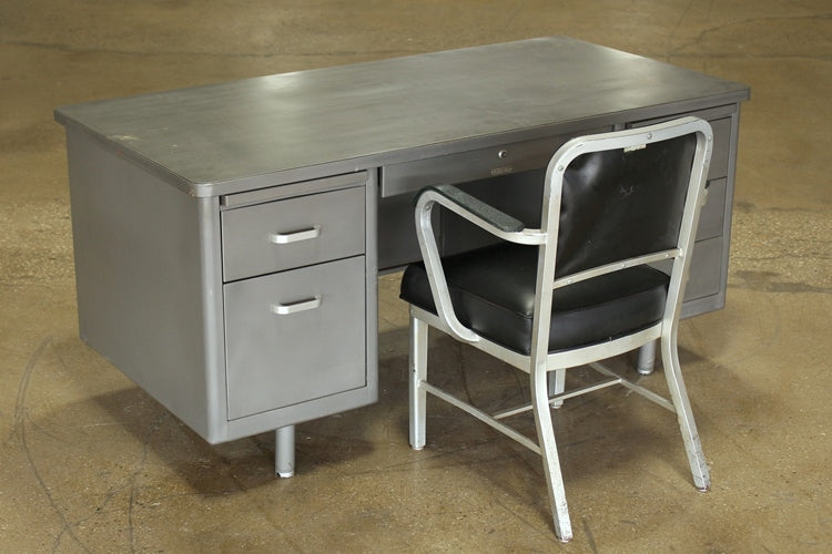 Gray Metal Desk with Gray Top and 5 Side Drawers