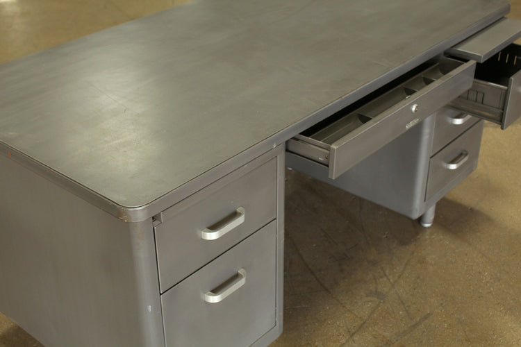 Gray Metal Desk with Gray Top and 5 Side Drawers