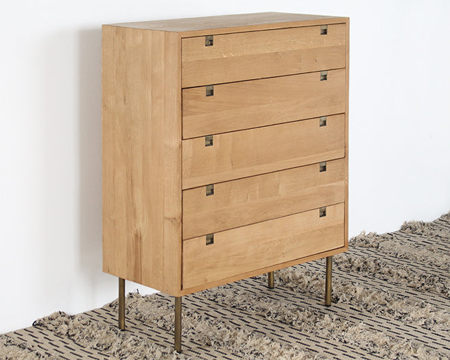 Danish Modern Natural Oak 5 Drawer Dresser With Brass