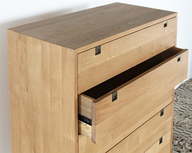 Danish Modern Natural Oak 5 Drawer Dresser With Brass