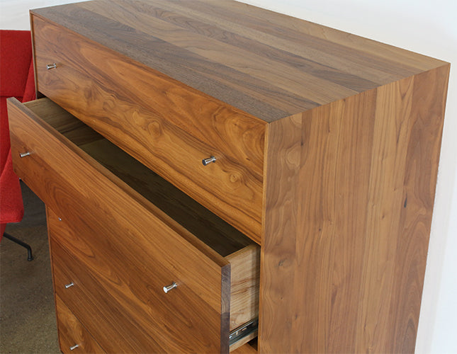 Walnut 5 Drawer Dresser With Stainless Base