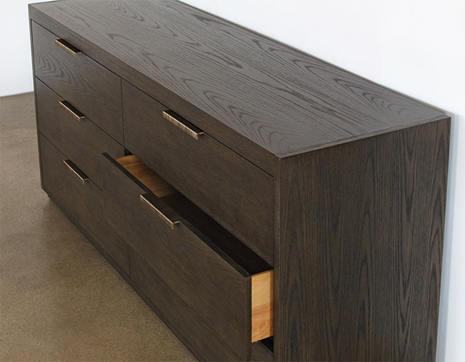 DR139 - Sable Brown Oak 6 Drawer Dresser With Brass Pulls