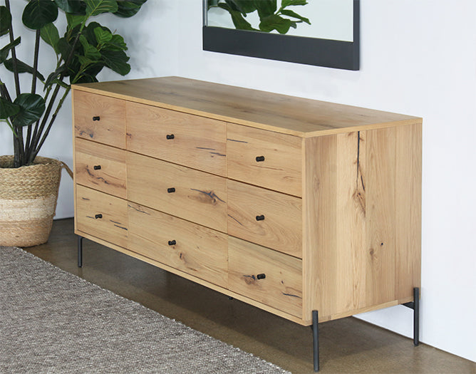 Light Oak 9 Drawer Dresser With Gunmetal Hardware
