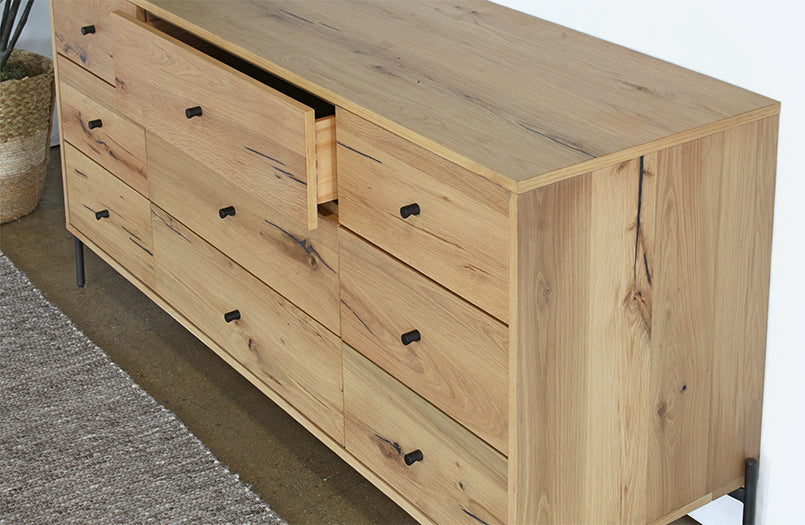 Light Oak 9 Drawer Dresser With Gunmetal Hardware