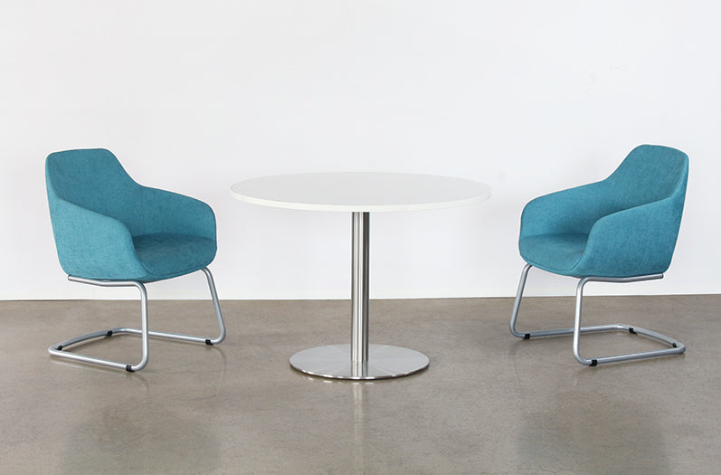 DT154 - Round White Cafe Table With Brushed Aluminum Base