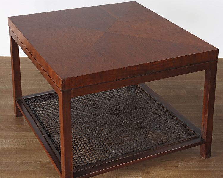 Mid-Century Square Side Table with Cane Accent Shelf, Vintage 1960's