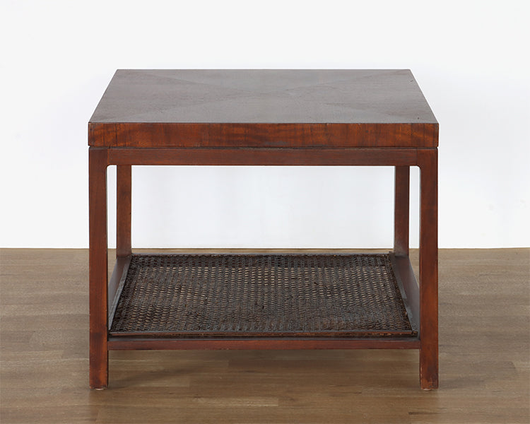 Mid-Century Square Side Table with Cane Accent Shelf, Vintage 1960's