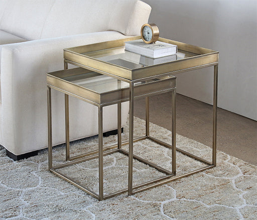 Set of 2 Antique Brass Nesting Tables with Mirror Top