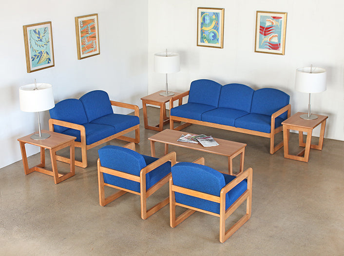 SF202 Natural Oak Sofa in Blue Upholstery