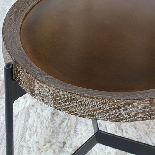 Round Seared Oak End Table with Black Iron Base