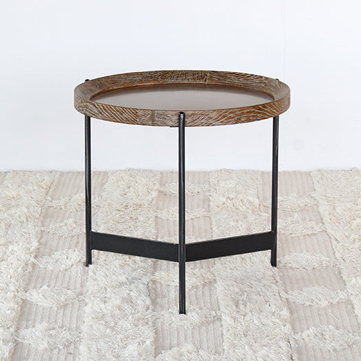 Round Seared Oak End Table with Black Iron Base