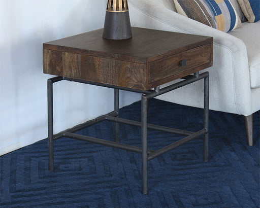 ET534 - Brown Mango Top Lamp Table With Iron Legs