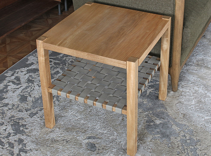 Natural Wood End Table W/ Woven Grey Leather Shelf
