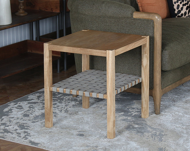 Natural Wood End Table W/ Woven Grey Leather Shelf