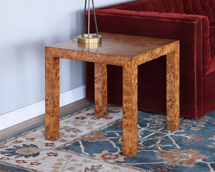 Parsons Style End Table in Burled Veneer