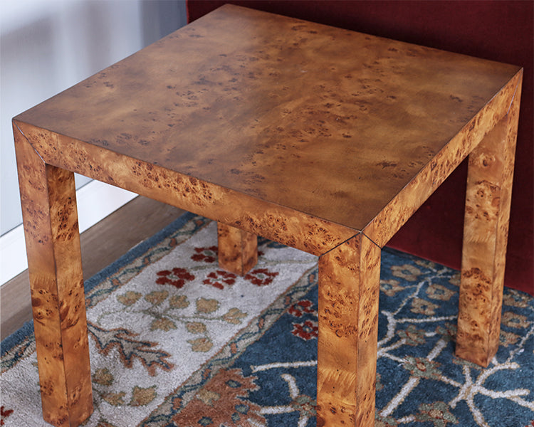 Parsons Style End Table in Burled Veneer