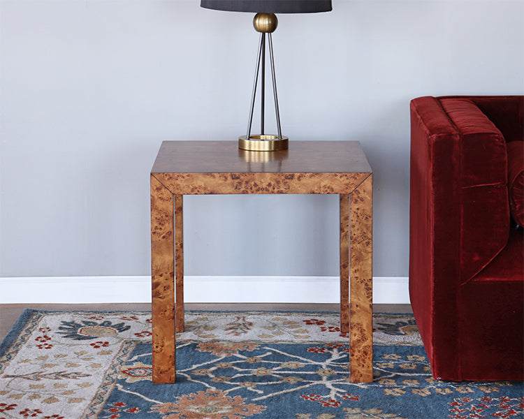 Parsons Style End Table in Burled Veneer
