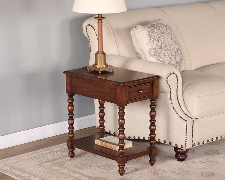 Turned Leg End Table with Undershelf and Drawer
