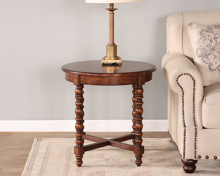 Turned Leg Round End Table with Stretchers