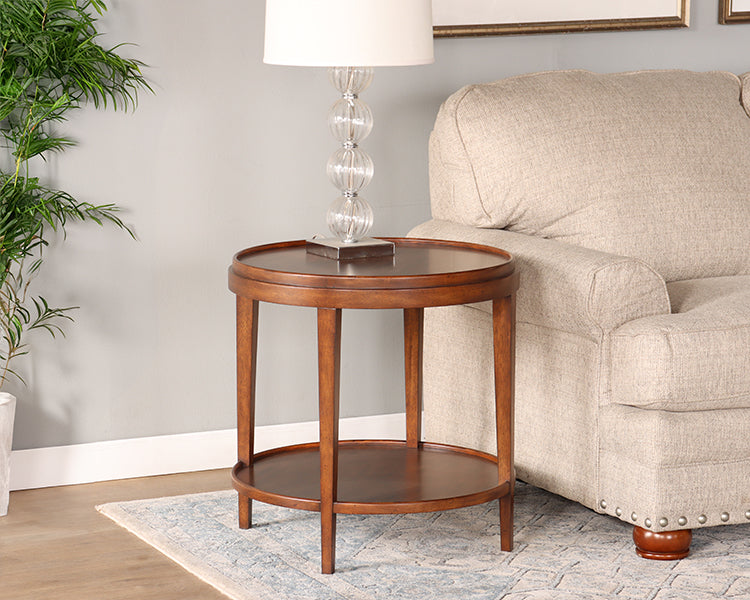 Round End Table with Raised Edge and Undershelf