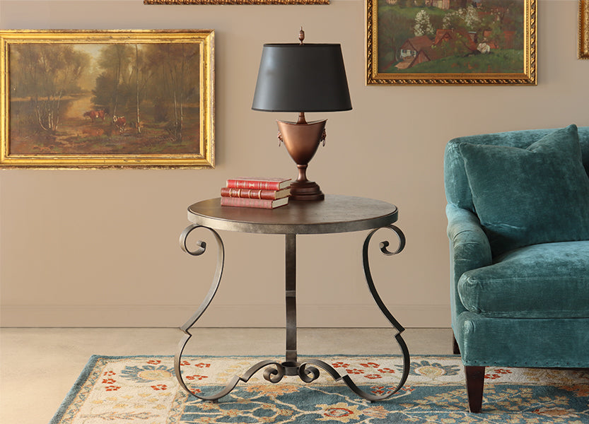 Scrolled Steel and Rustic Taupe Wood End Table