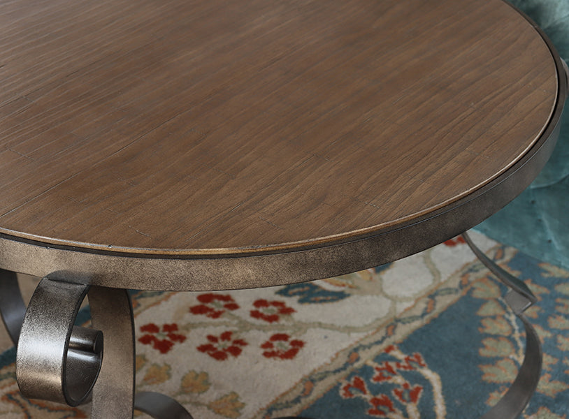 Scrolled Steel and Rustic Taupe Wood End Table