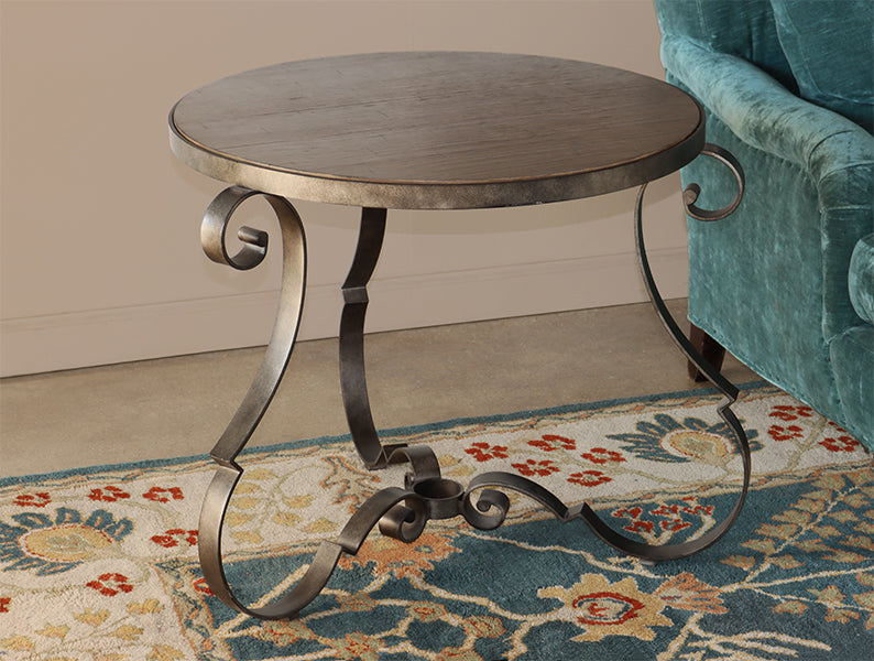 Scrolled Steel and Rustic Taupe Wood End Table