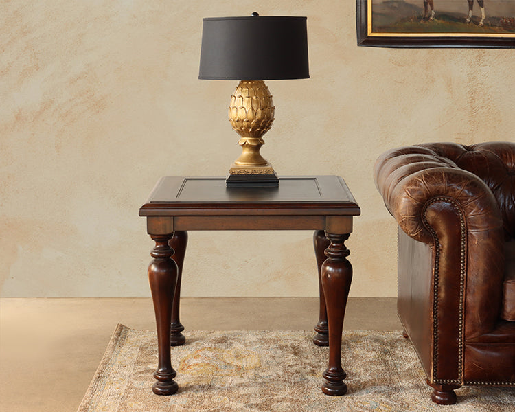 Cherry End Table w/ Embossed Scrolled Metal Top