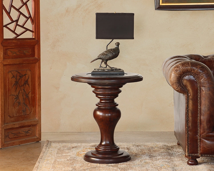 Round Cherry End Table w/ Embossed Metal Scroll Top