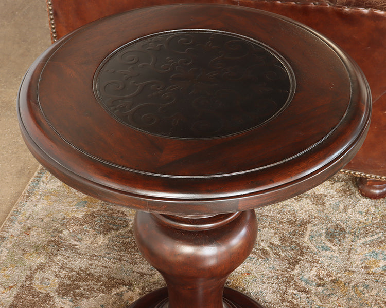 Round Cherry End Table w/ Embossed Metal Scroll Top