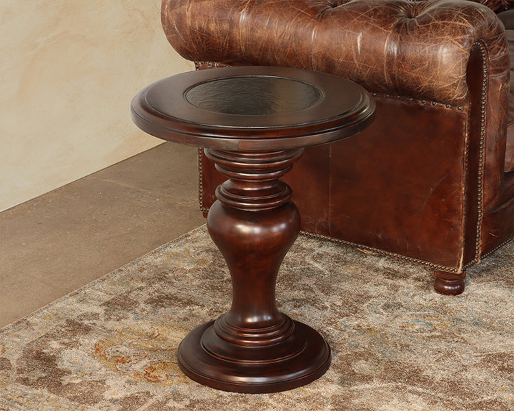 Round Cherry End Table w/ Embossed Metal Scroll Top