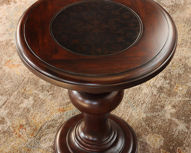 Round Cherry End Table w/ Embossed Metal Scroll Top
