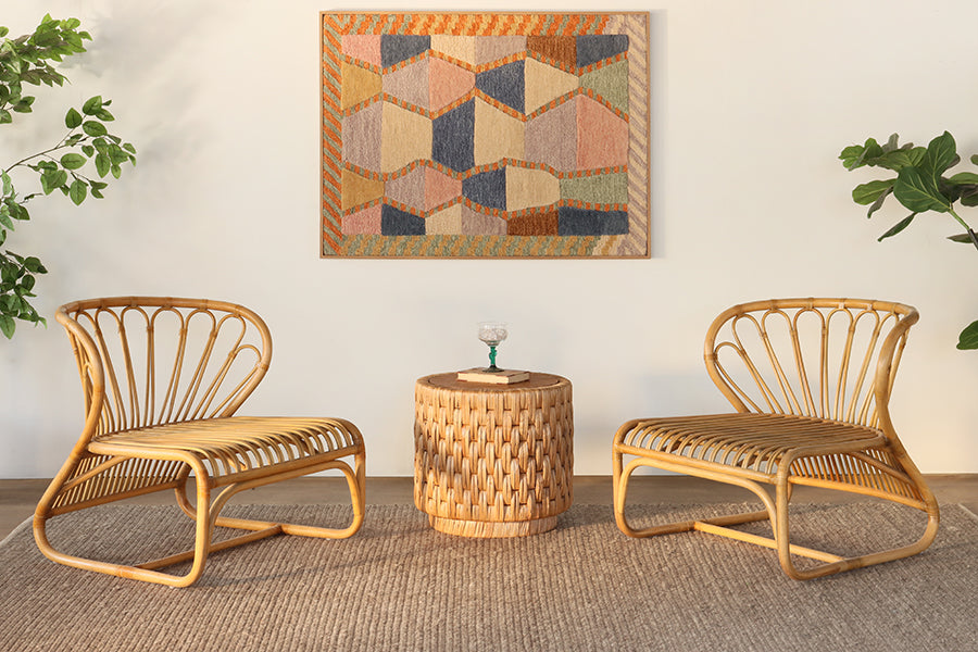 Round Woven Seagrass End Table with Teak Top