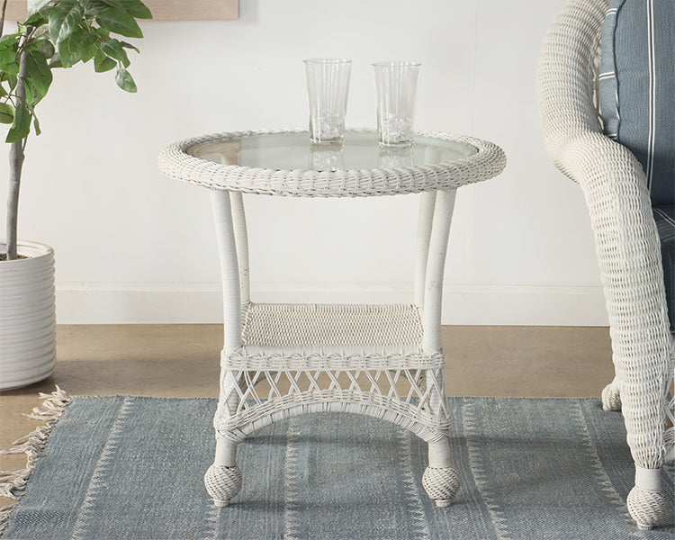 White Wicker End Table with Glass Top