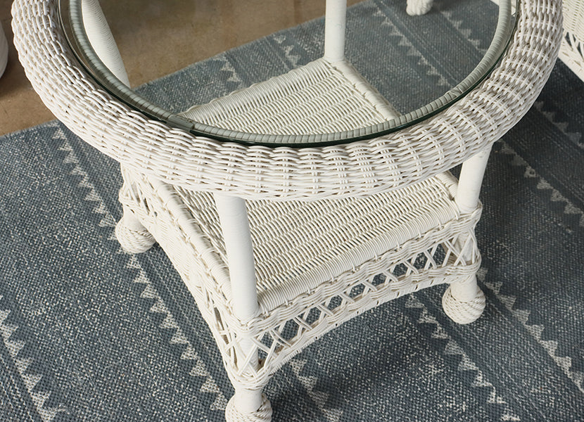 White Wicker End Table with Glass Top