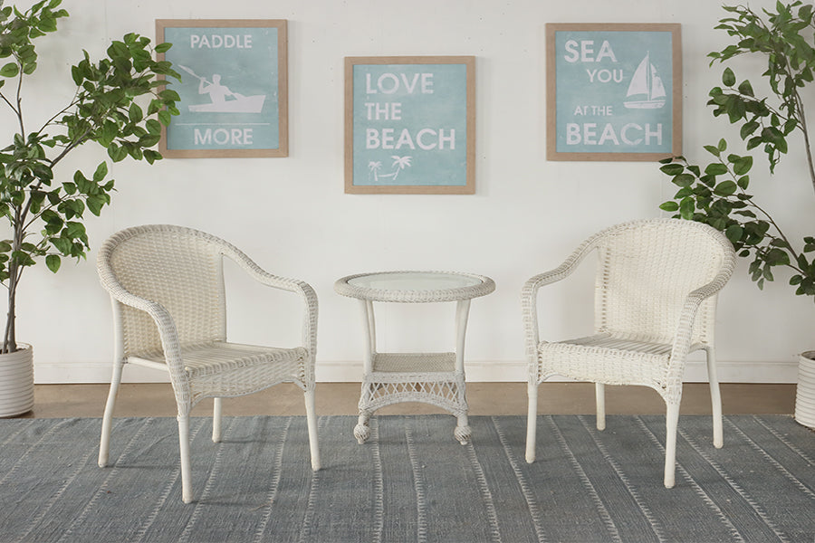 White Wicker End Table with Glass Top
