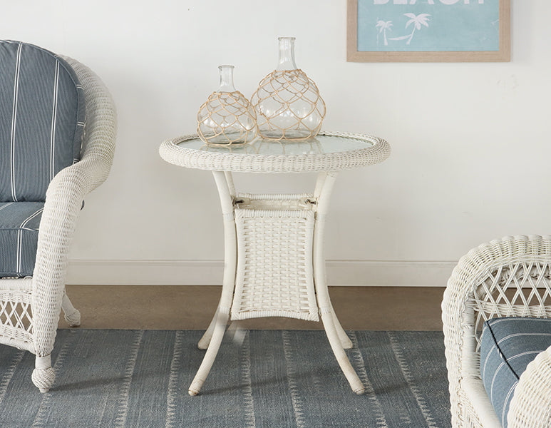 Tall White Wicker End Table with Glass Top