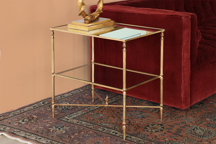 Gold Leaf End Table with Mirror Top and Stretcher - Cleared