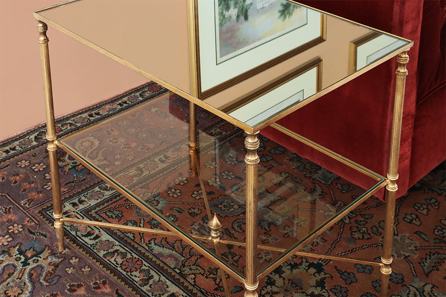Gold Leaf End Table with Mirror Top and Stretcher - Cleared