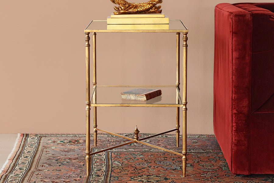 Gold Leaf End Table with Mirror Top and Stretcher - Cleared