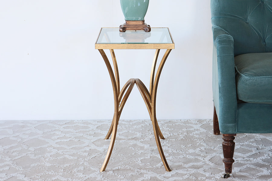 Gold Leaf End Table with Arched Base and Glass Top - Cleared