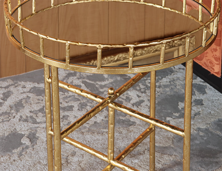 Gold Leaf End Table with Tray Style Mirror Top - Cleared